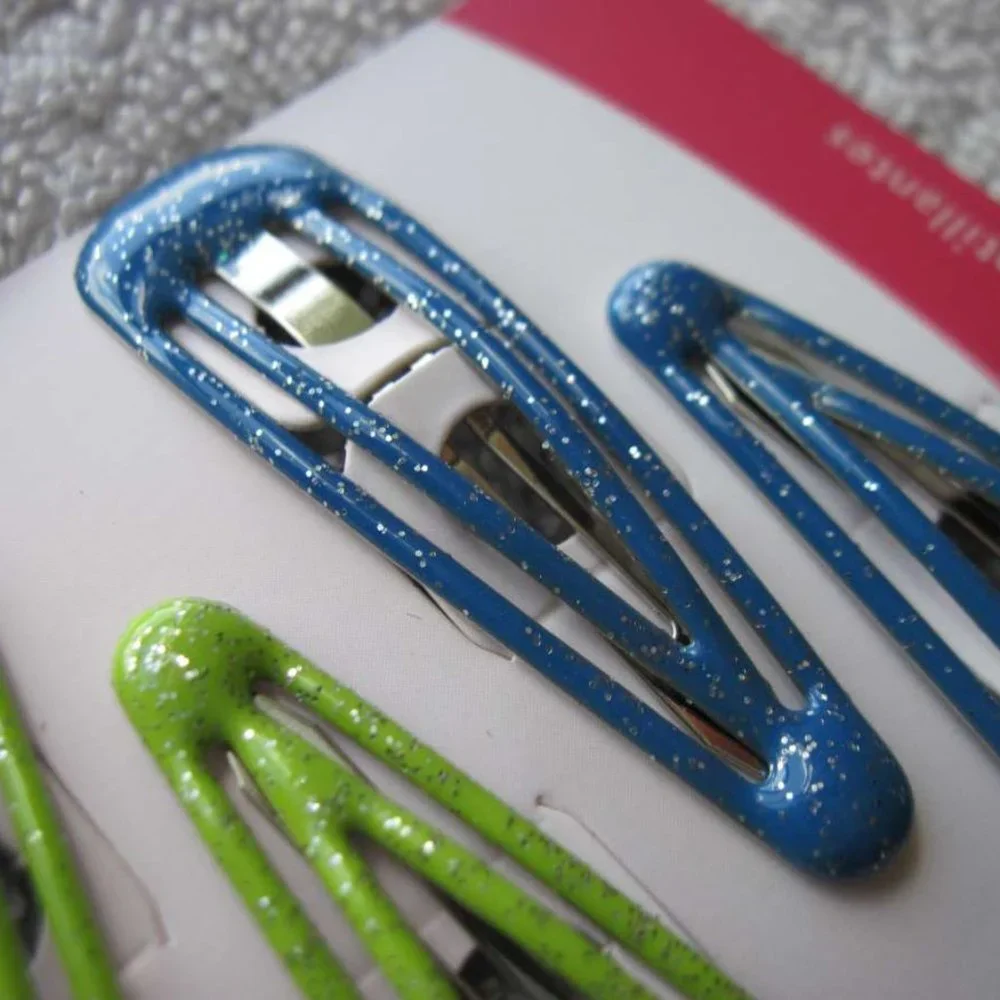8 Goody Double Bar Glitter Epoxy Covered Metal Hair Snap Clips Blue Green Pink